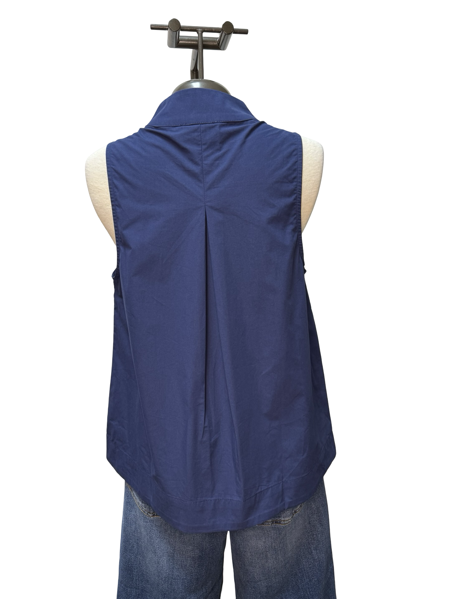 Split V Neck Stand Collar Top Navy