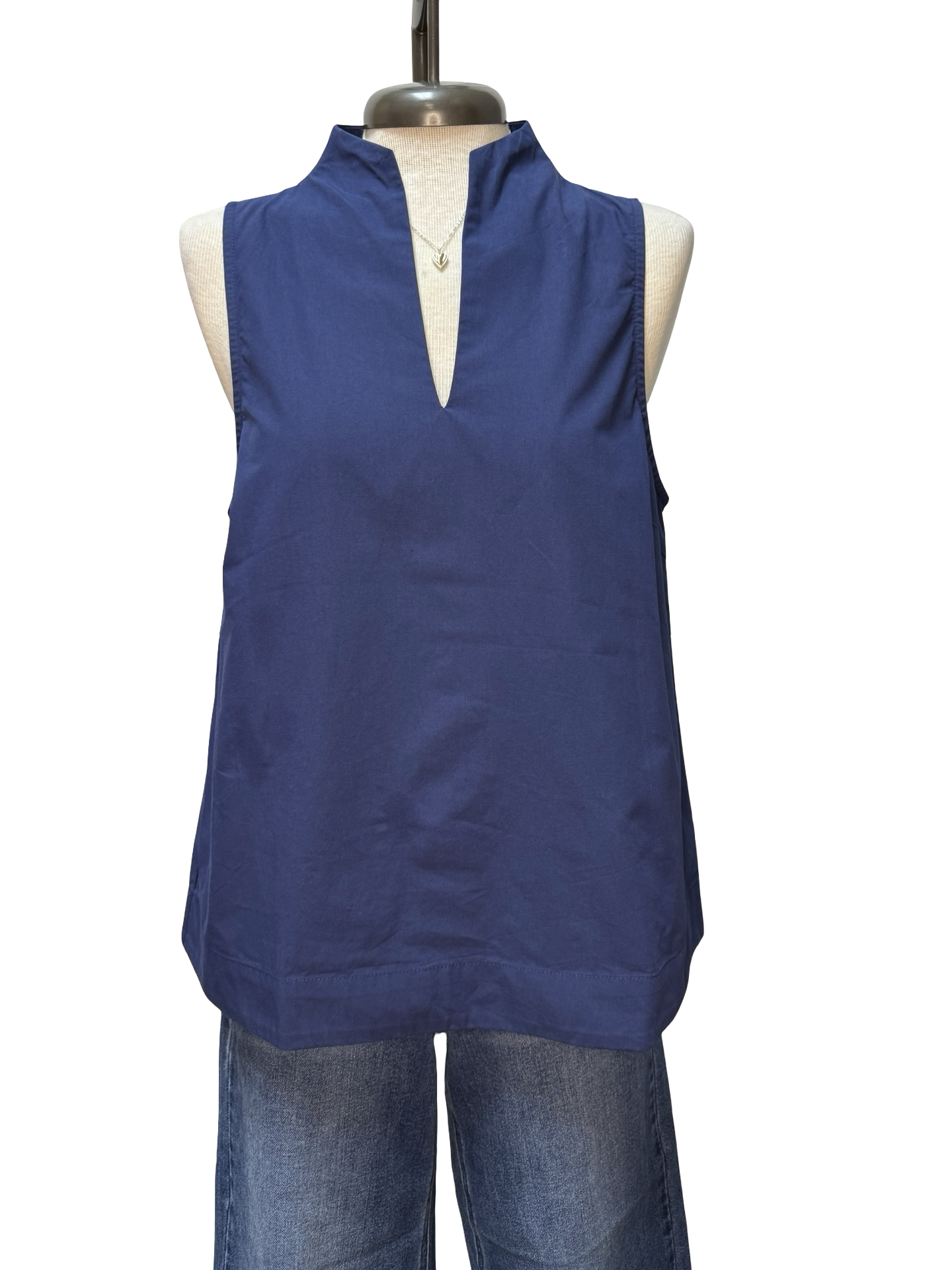 Split V Neck Stand Collar Top Navy