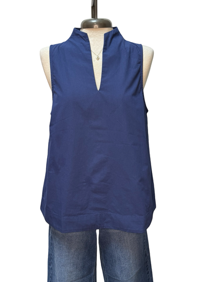 Split V Neck Stand Collar Top Navy