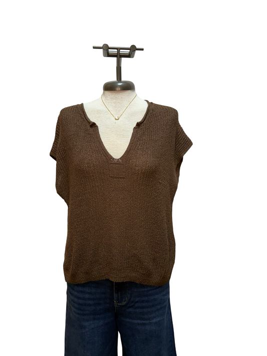 Split Neck Batwing Sweater Top Brown