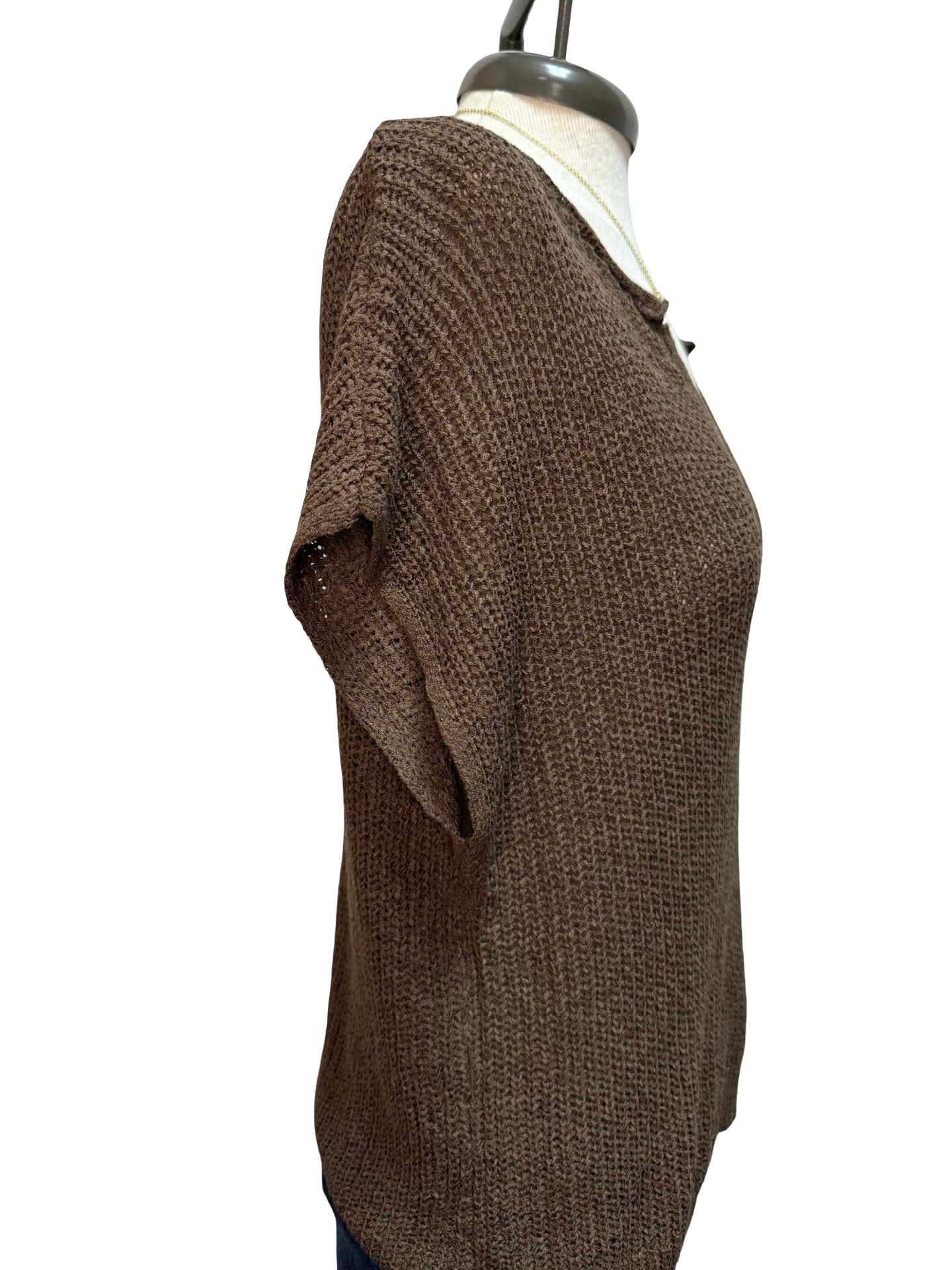Split Neck Batwing Sweater Top Brown