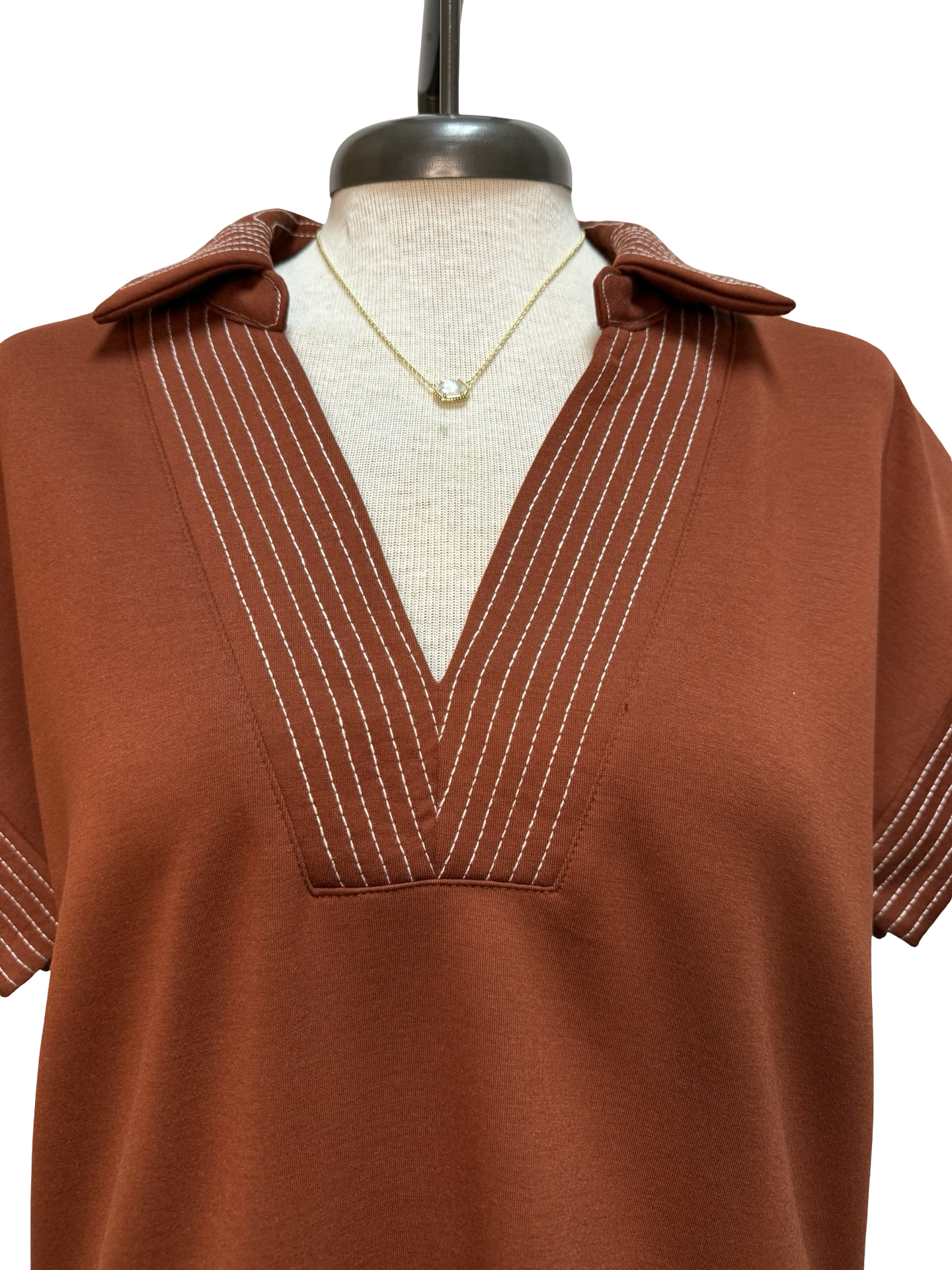Stitch Detail Short Sleeve Top Rust