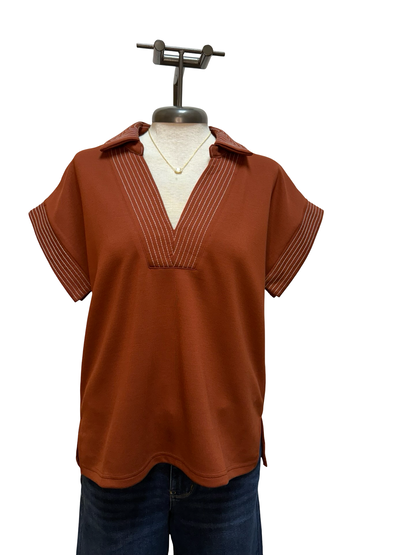Stitch Detail Short Sleeve Top Rust