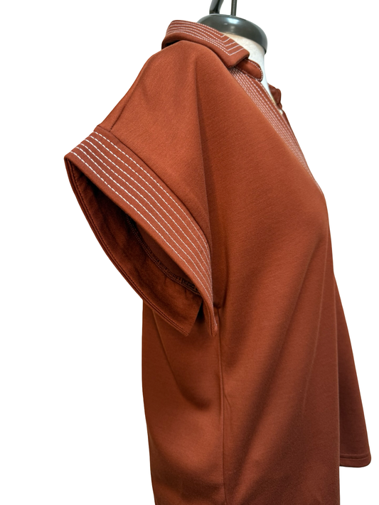 Stitch Detail Short Sleeve Top Rust