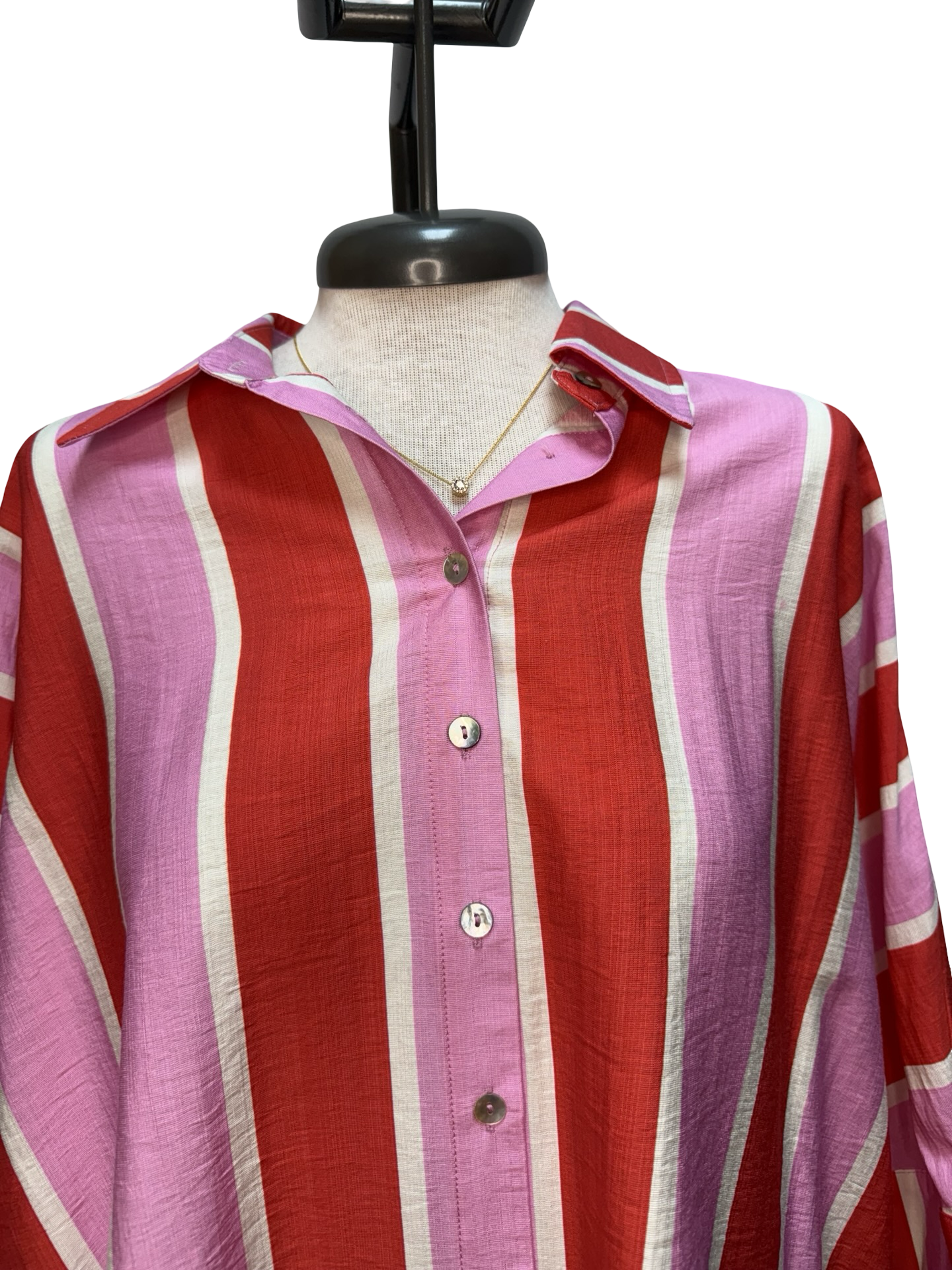 Striped Button Up 3/4 Sleeves Top Pink/Orange