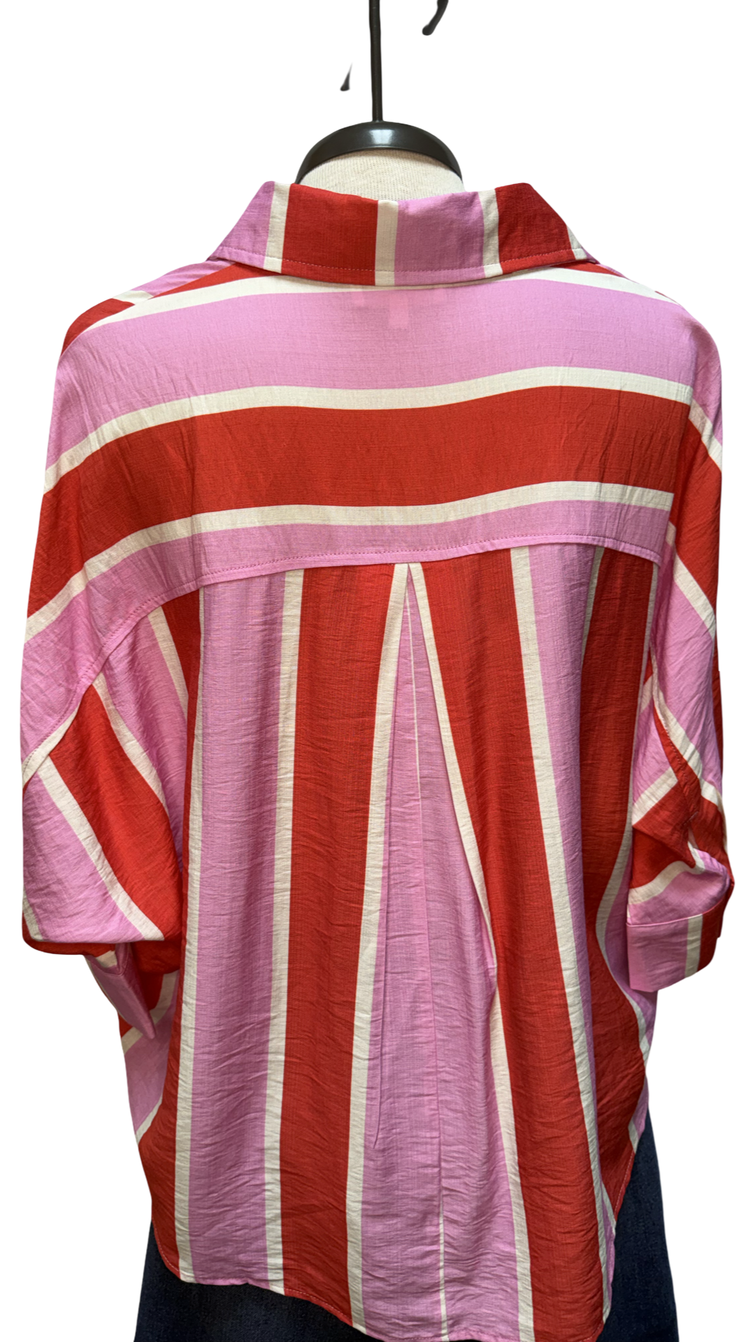 Striped Button Up 3/4 Sleeves Top Pink/Orange