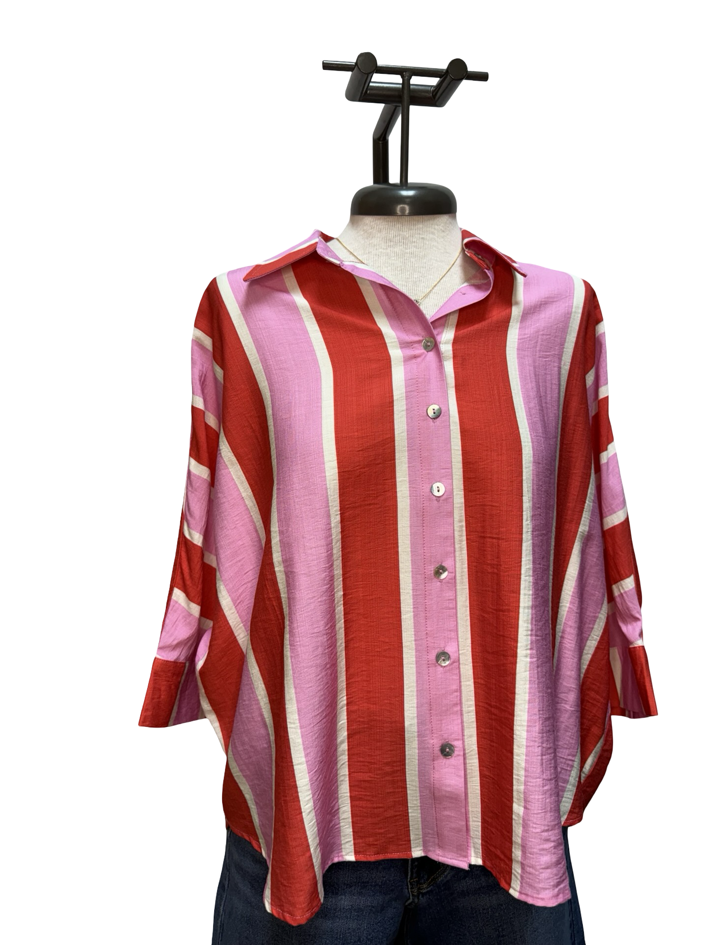 Striped Button Up 3/4 Sleeves Top Pink/Orange