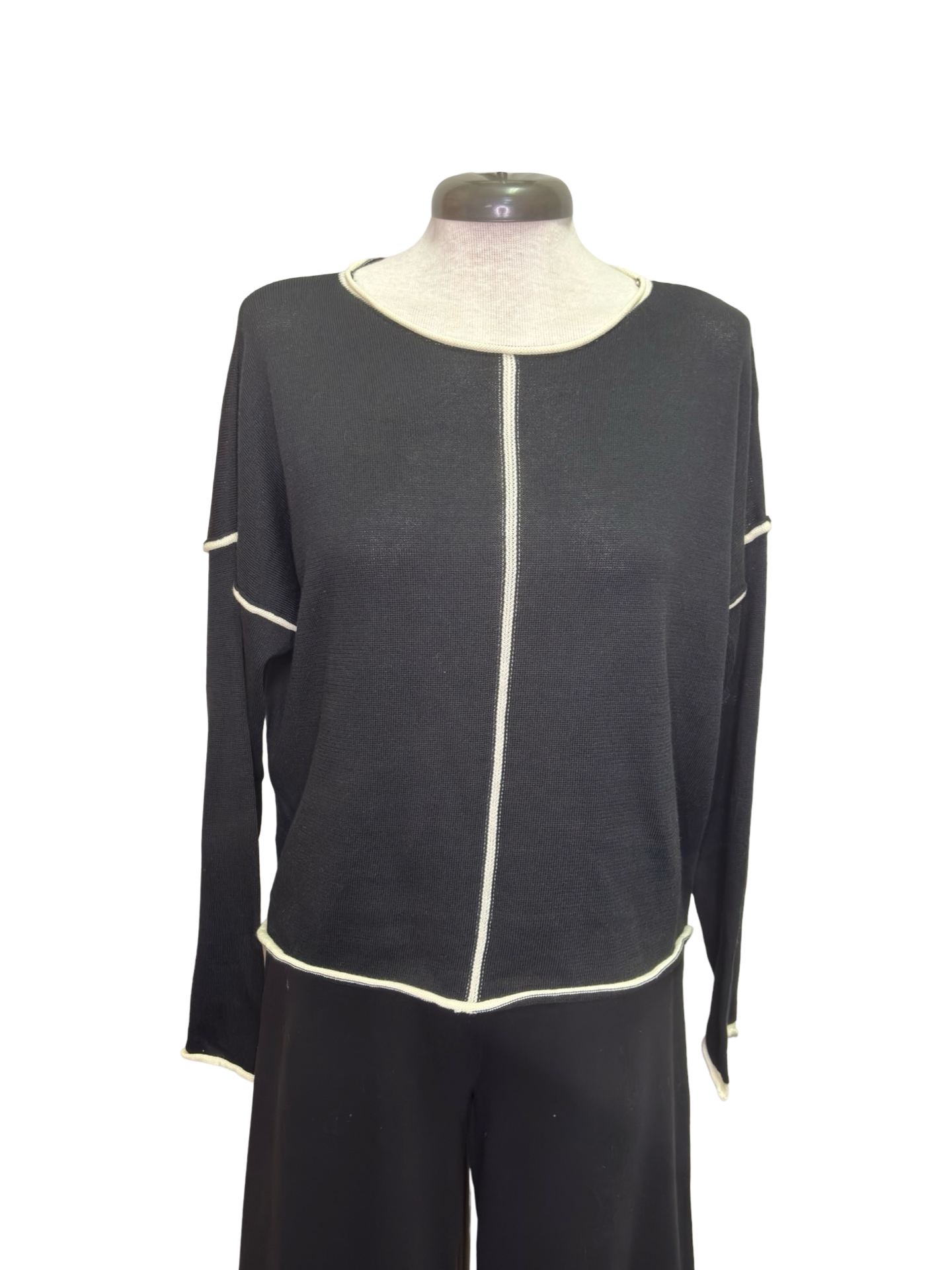 Gibraltar Wide Sleeve Knit with Contrast Trim Top Black/Cream