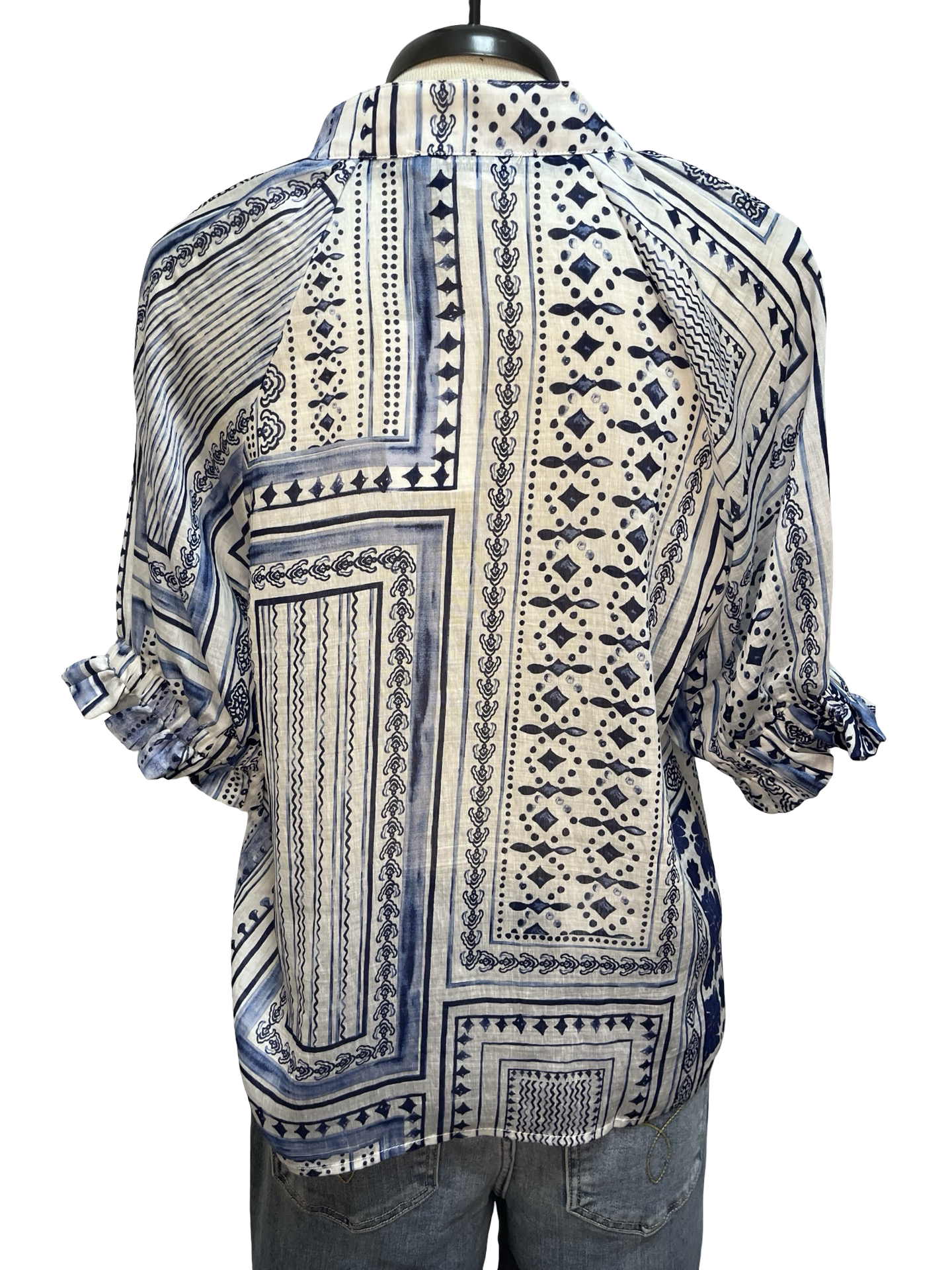 Short Sleeve Patterned V Neck Top Blue