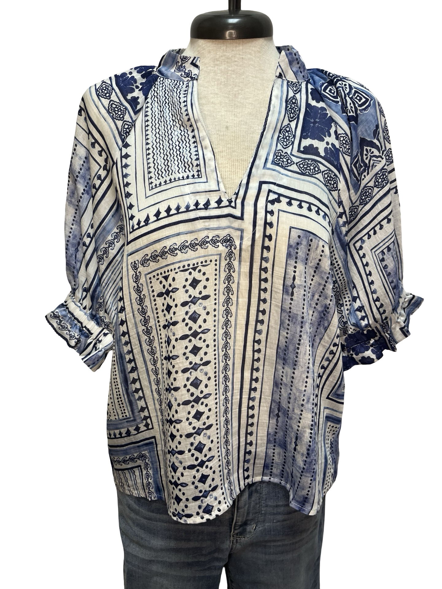 Short Sleeve Patterned V Neck Top Blue