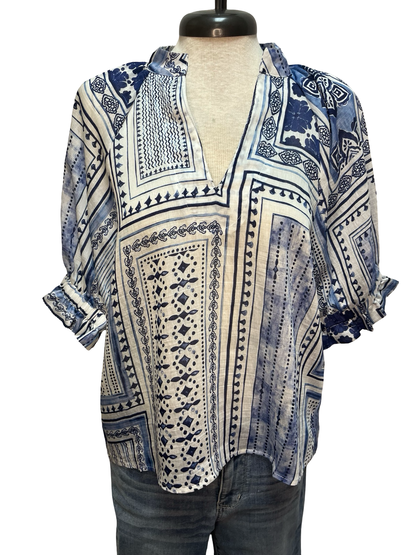Short Sleeve Patterned V Neck Top Blue