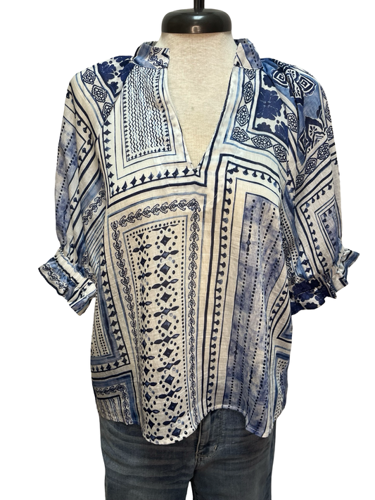 Short Sleeve Patterned V Neck Top Blue