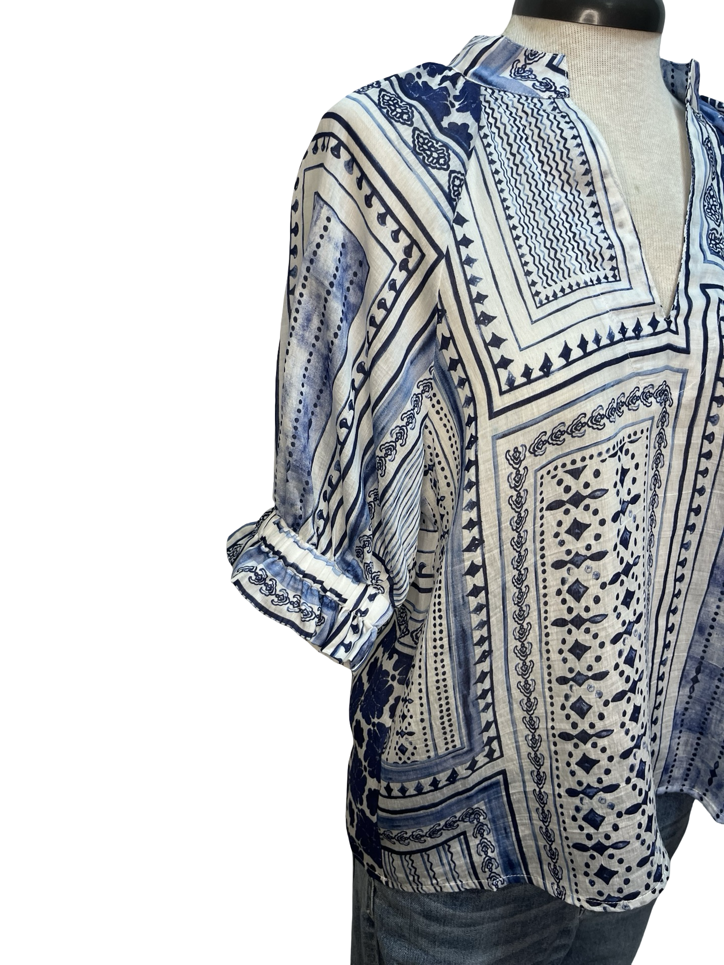 Short Sleeve Patterned V Neck Top Blue