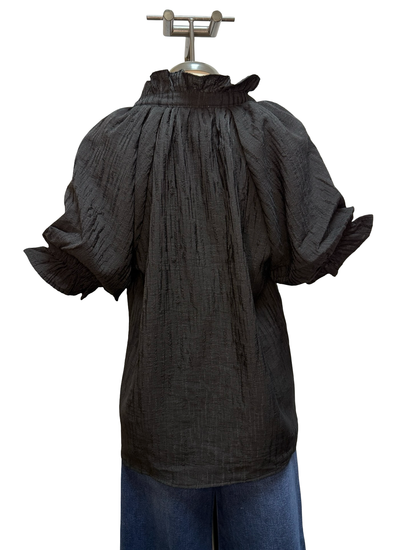 Textured Puff Sleeve Split Neck Top Black