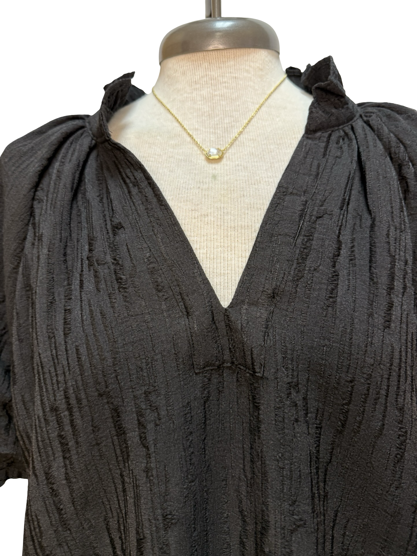 Textured Puff Sleeve Split Neck Top Black
