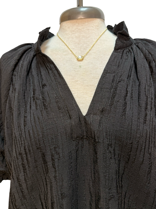 Textured Puff Sleeve Split Neck Top Black