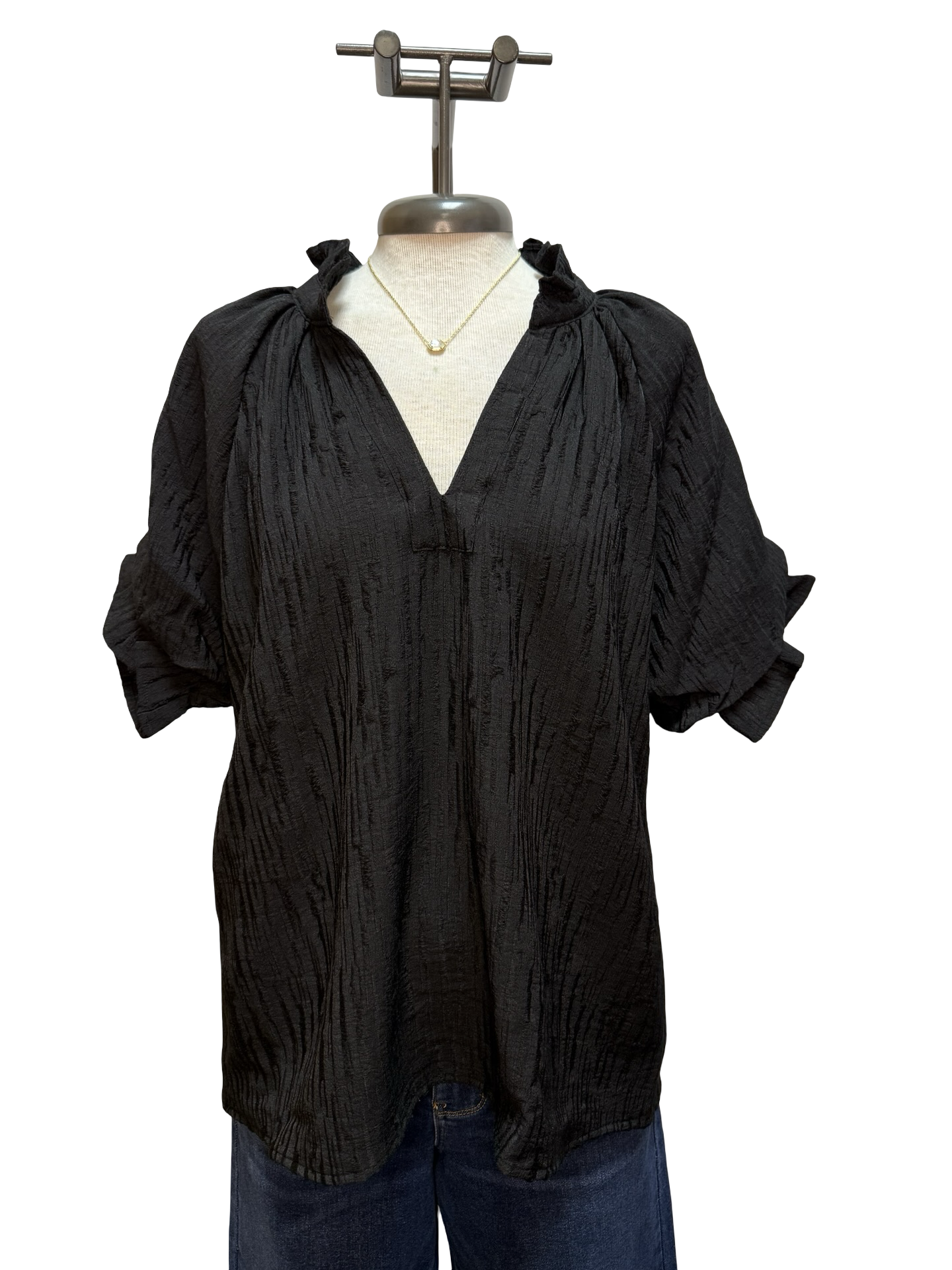 Textured Puff Sleeve Split Neck Top Black