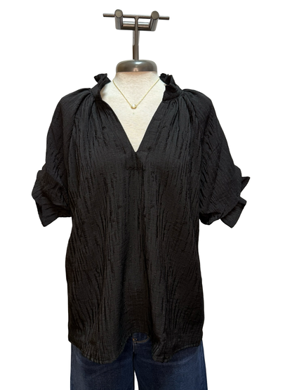 Textured Puff Sleeve Split Neck Top Black
