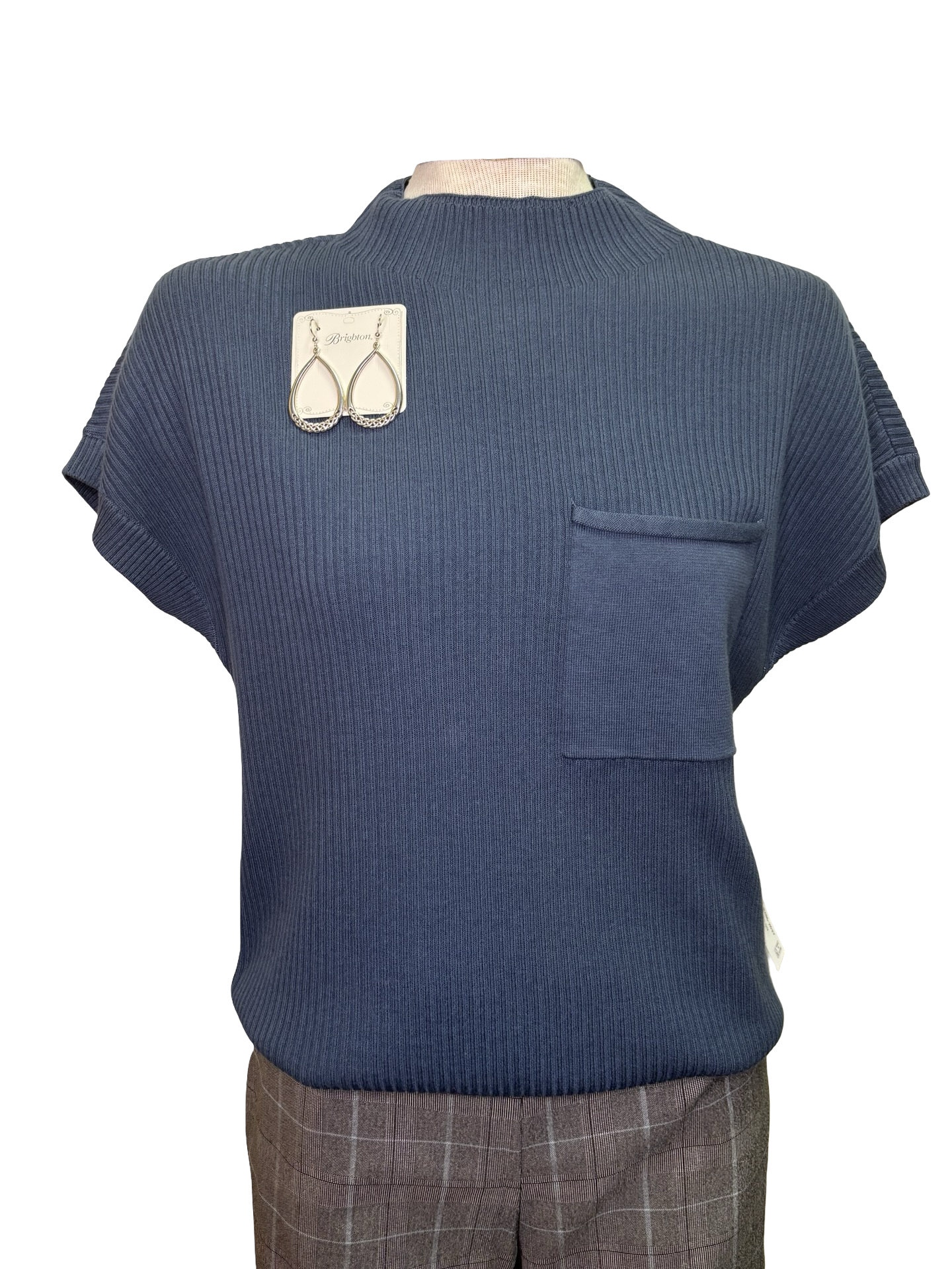 Cotton Mock Neck Cap Short Sleeve Top Slate Blue
