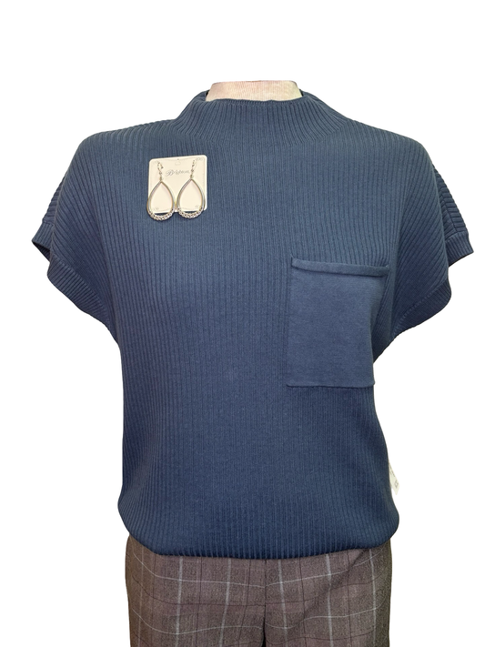 Cotton Mock Neck Cap Short Sleeve Top Slate Blue