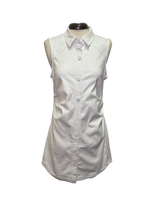 Embroidered Denim Dress with Ruching White