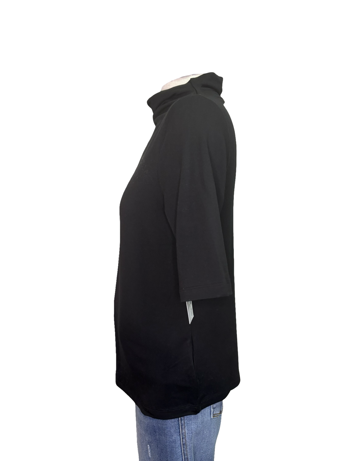 Funnel Neck Elbow Sleeve Knit Top Black