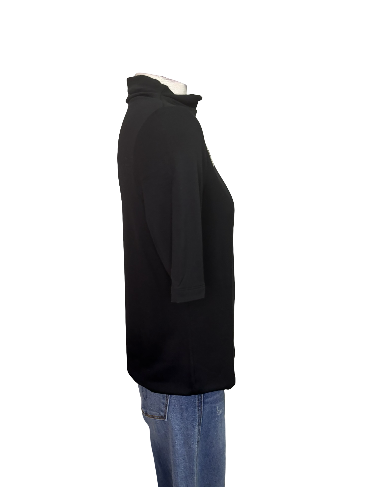 Funnel Neck Elbow Sleeve Knit Top Black