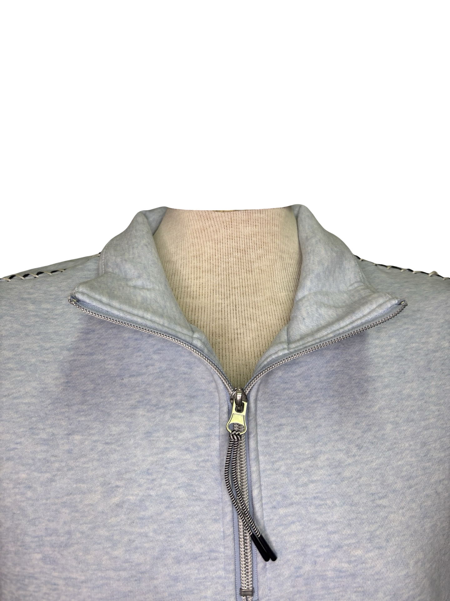 Long Sleeve Zip Funnel Neck Top with Stitching Chambray