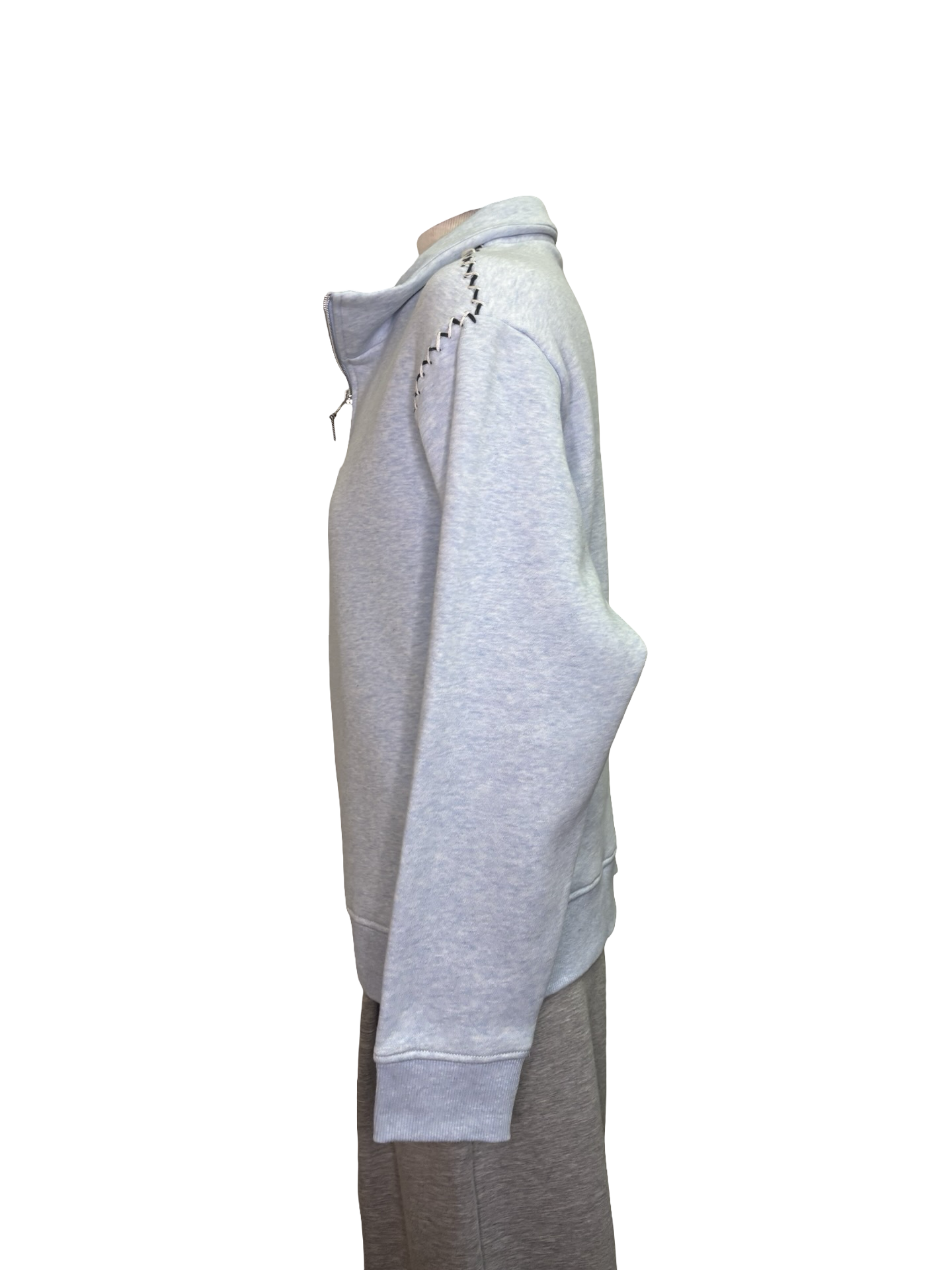 Long Sleeve Zip Funnel Neck Top with Stitching Chambray