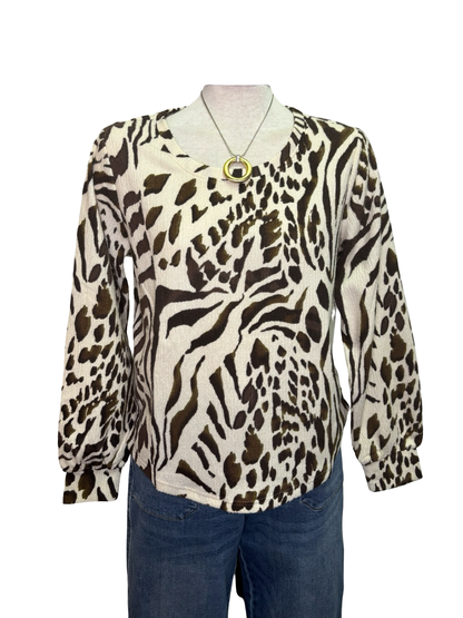 Printed Long Sleeve Crew Neck Knit Top Walnut