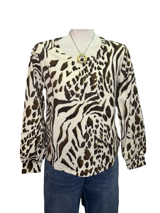 Printed Long Sleeve Crew Neck Knit Top Walnut