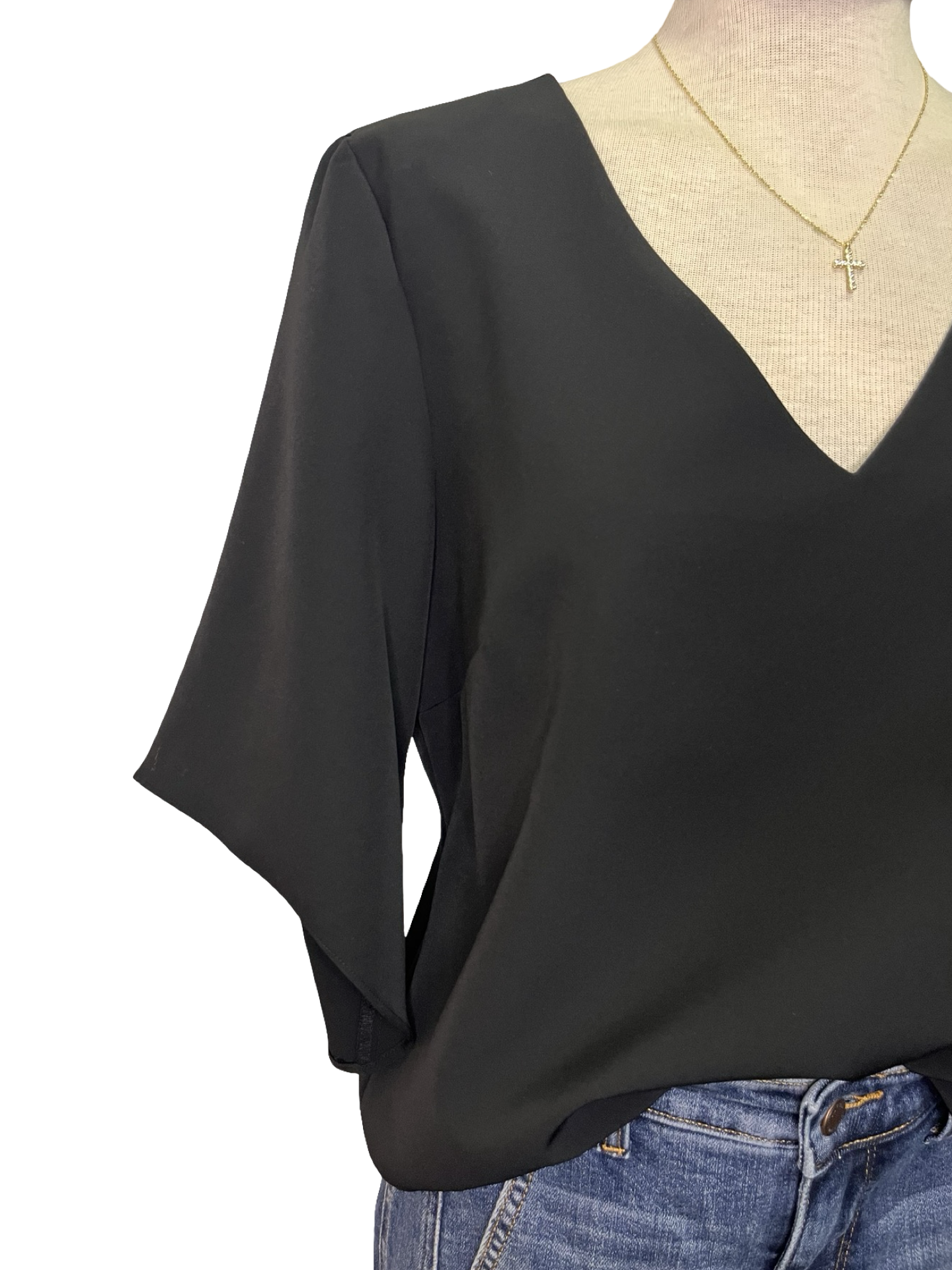 Signature Crepe Flutter Sleeve V Neck Blouse Black