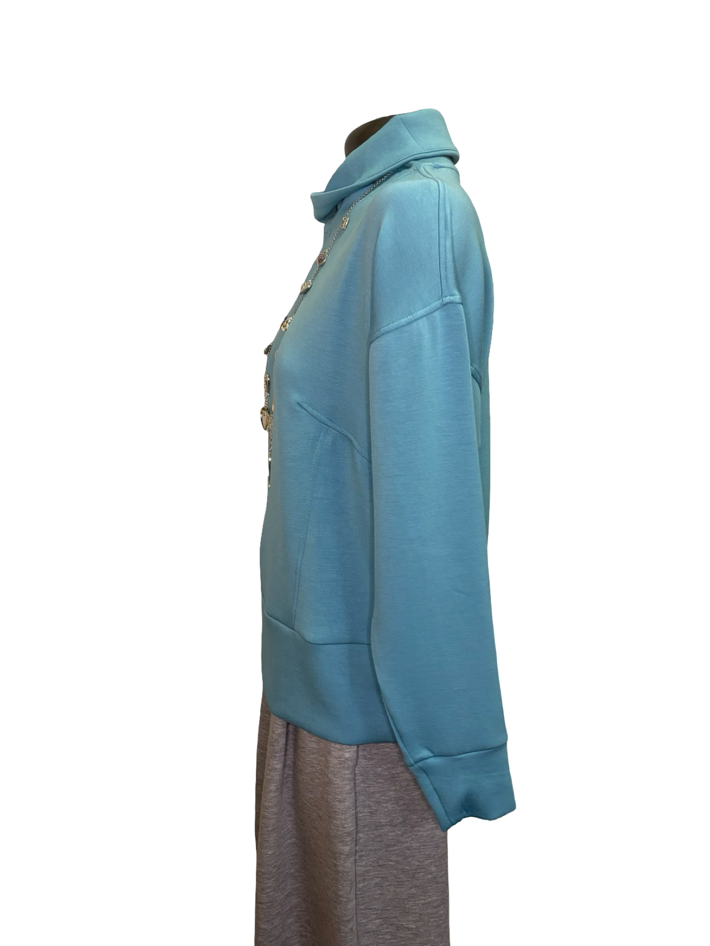 Techno Lux Drop Shoulder Funnel Neck Knit Top Mist Blue