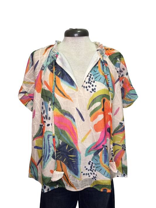 Abstract Flutter Sleeve Top Orange Mix