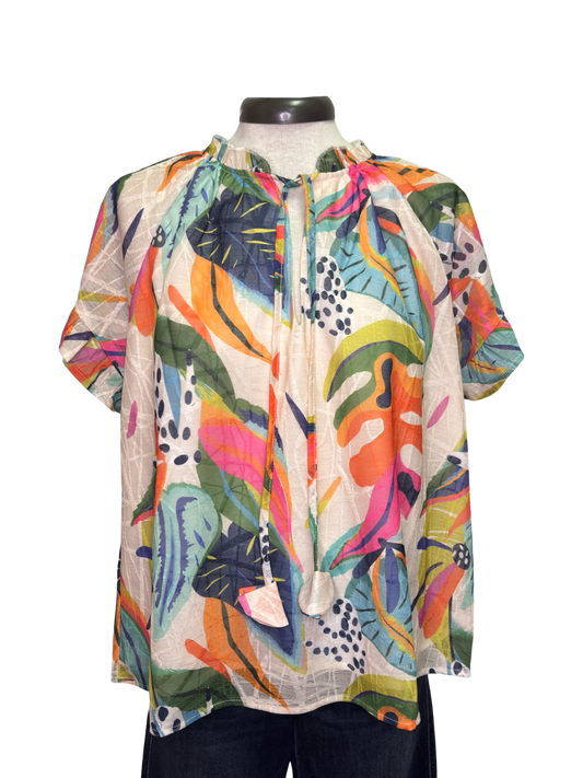 Abstract Flutter Sleeve Top Orange Mix