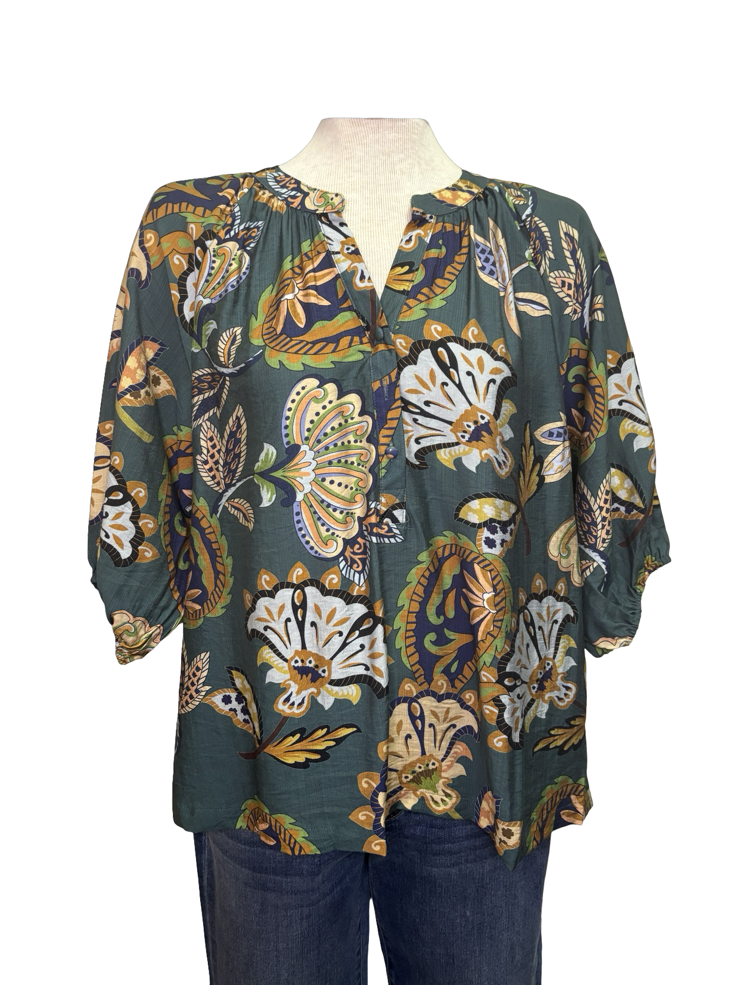 Boho Paisley Puff Sleeve Blouse Teal