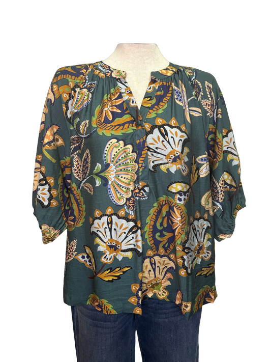 Boho Paisley Puff Sleeve Blouse Teal