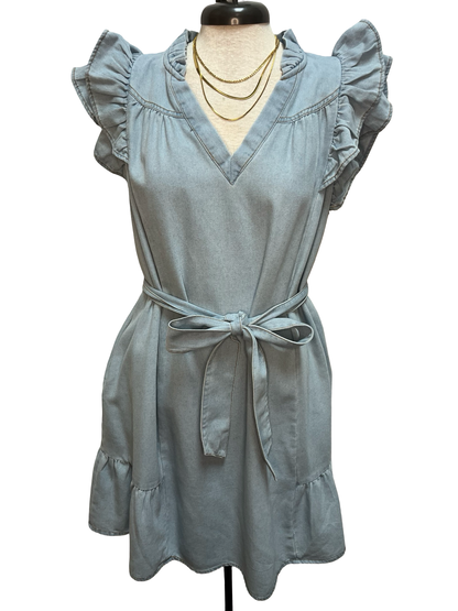 Chambray Ruffle Dress Lt Denim