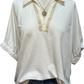 Contrast Collar V Neck Top Ecru