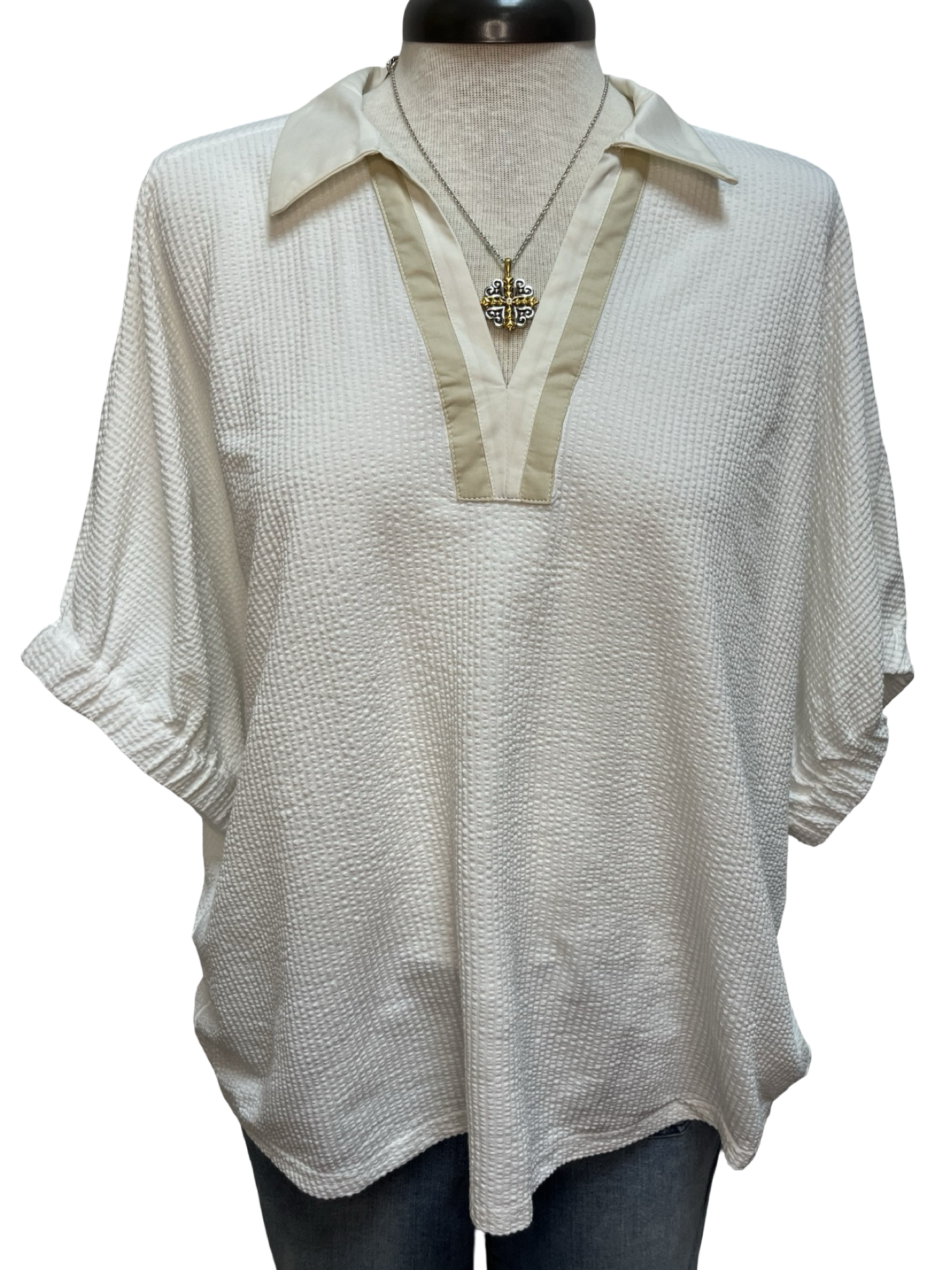 Contrast Collar V Neck Top Ecru