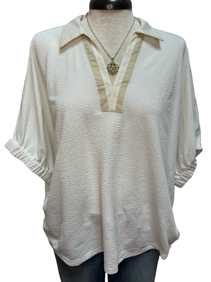 Contrast Collar V Neck Top Ecru