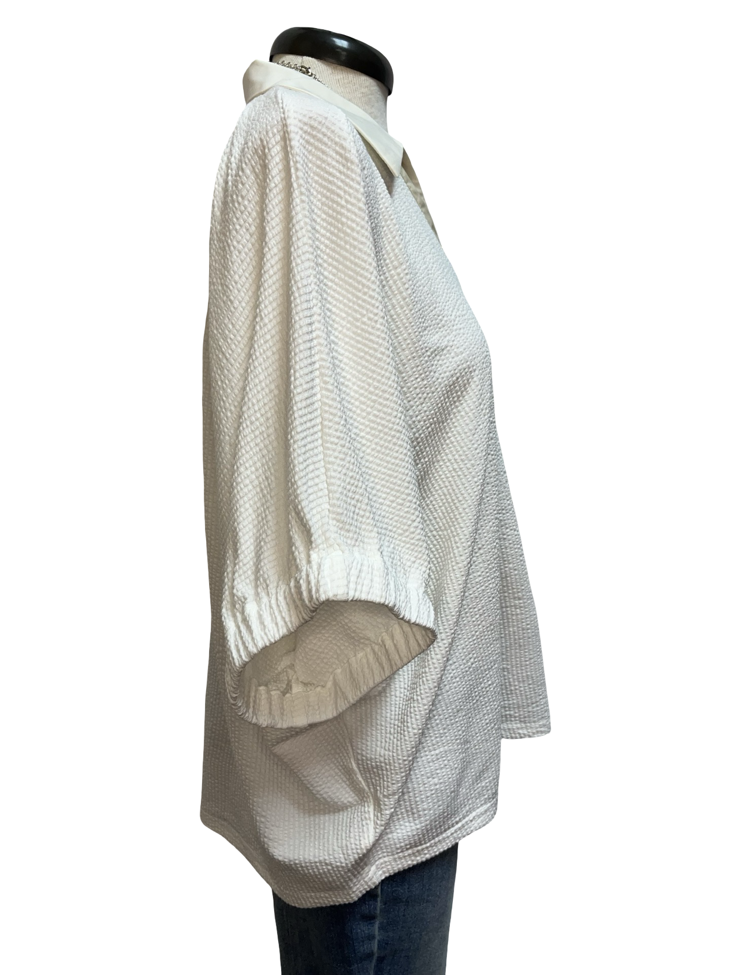 Contrast Collar V Neck Top Ecru