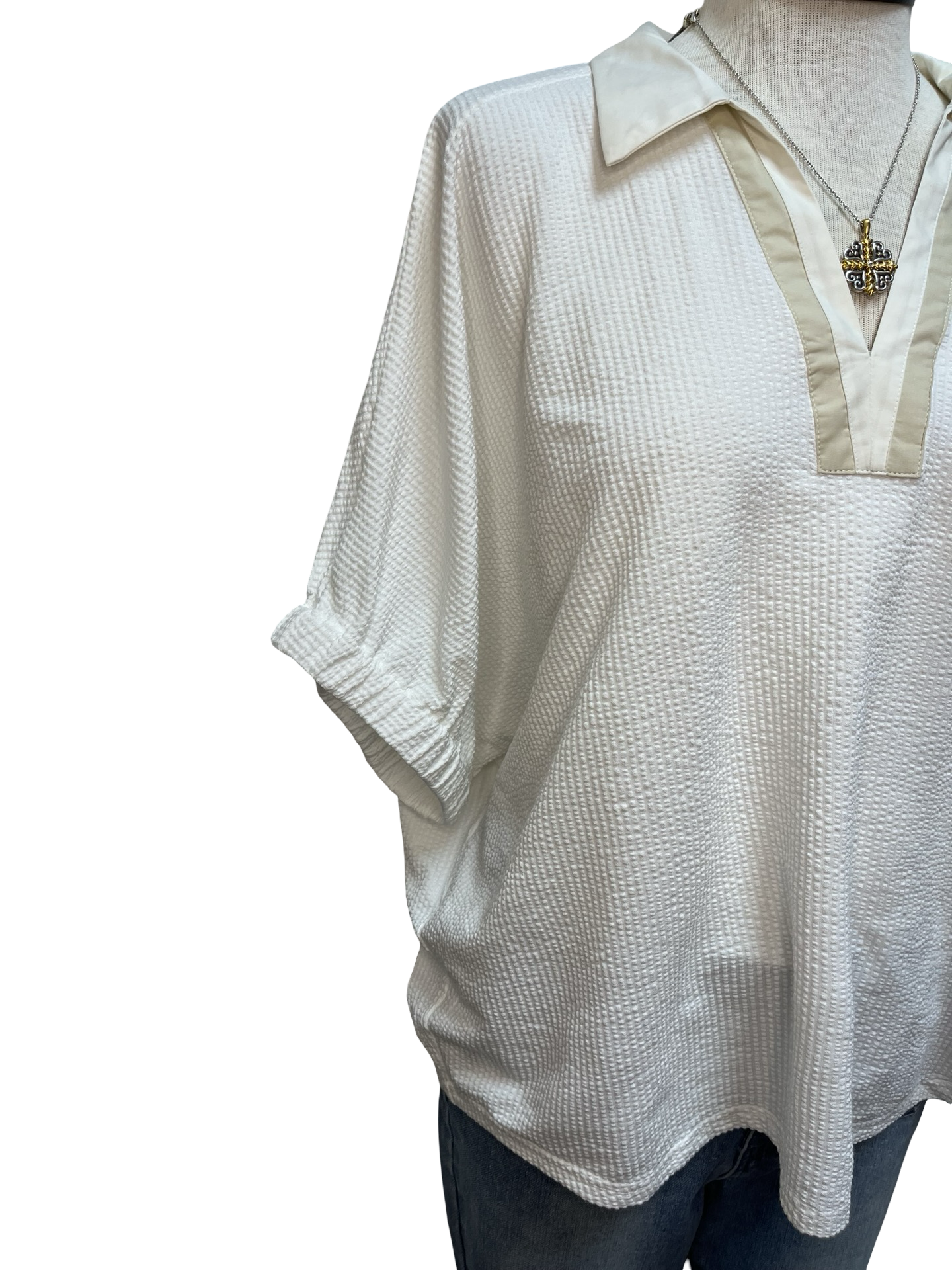 Contrast Collar V Neck Top Ecru