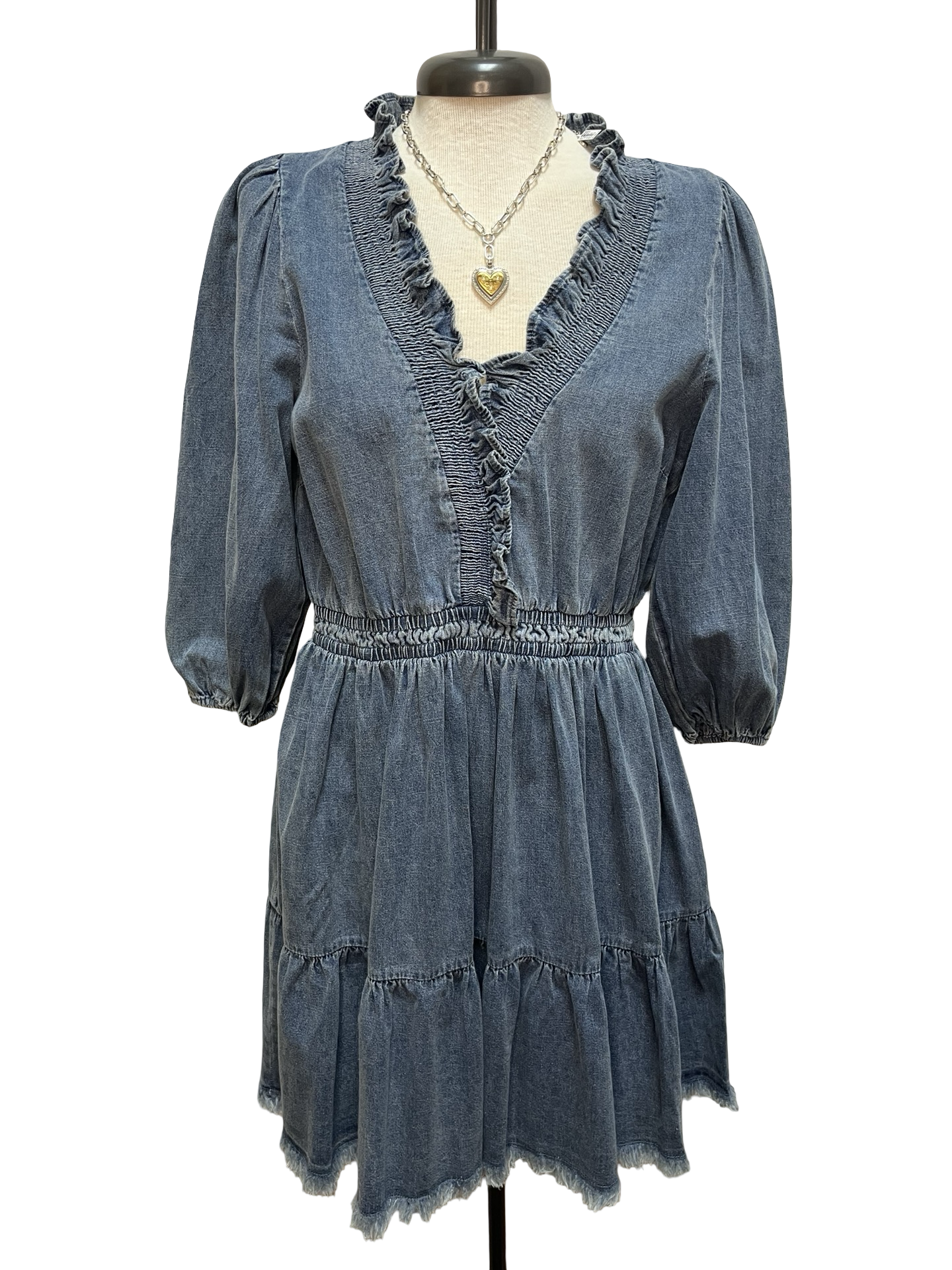 Denim Ruffle Trim Tiered Mini Dress