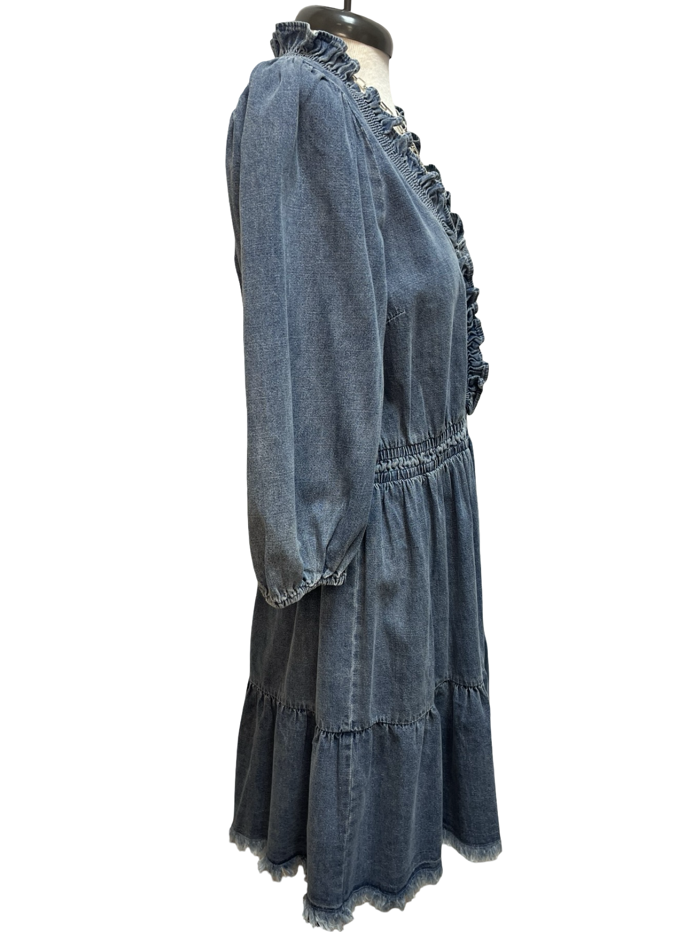 Denim Ruffle Trim Tiered Mini Dress