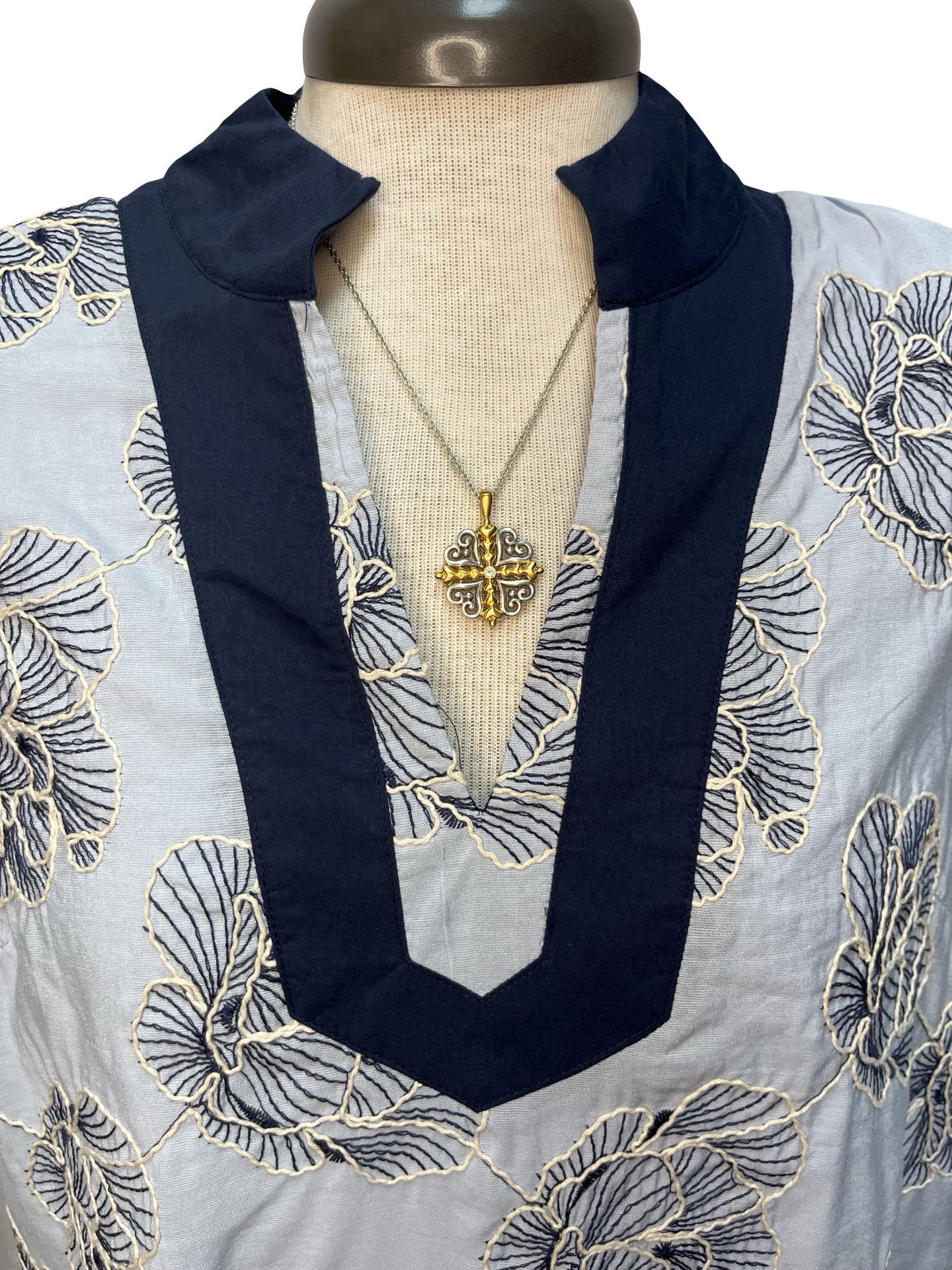 Embroidered V Neck Top Blue