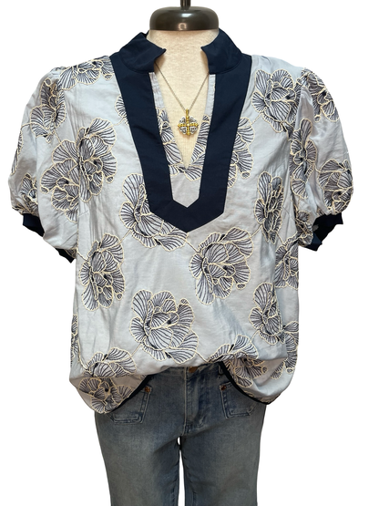 Embroidered V Neck Top Blue