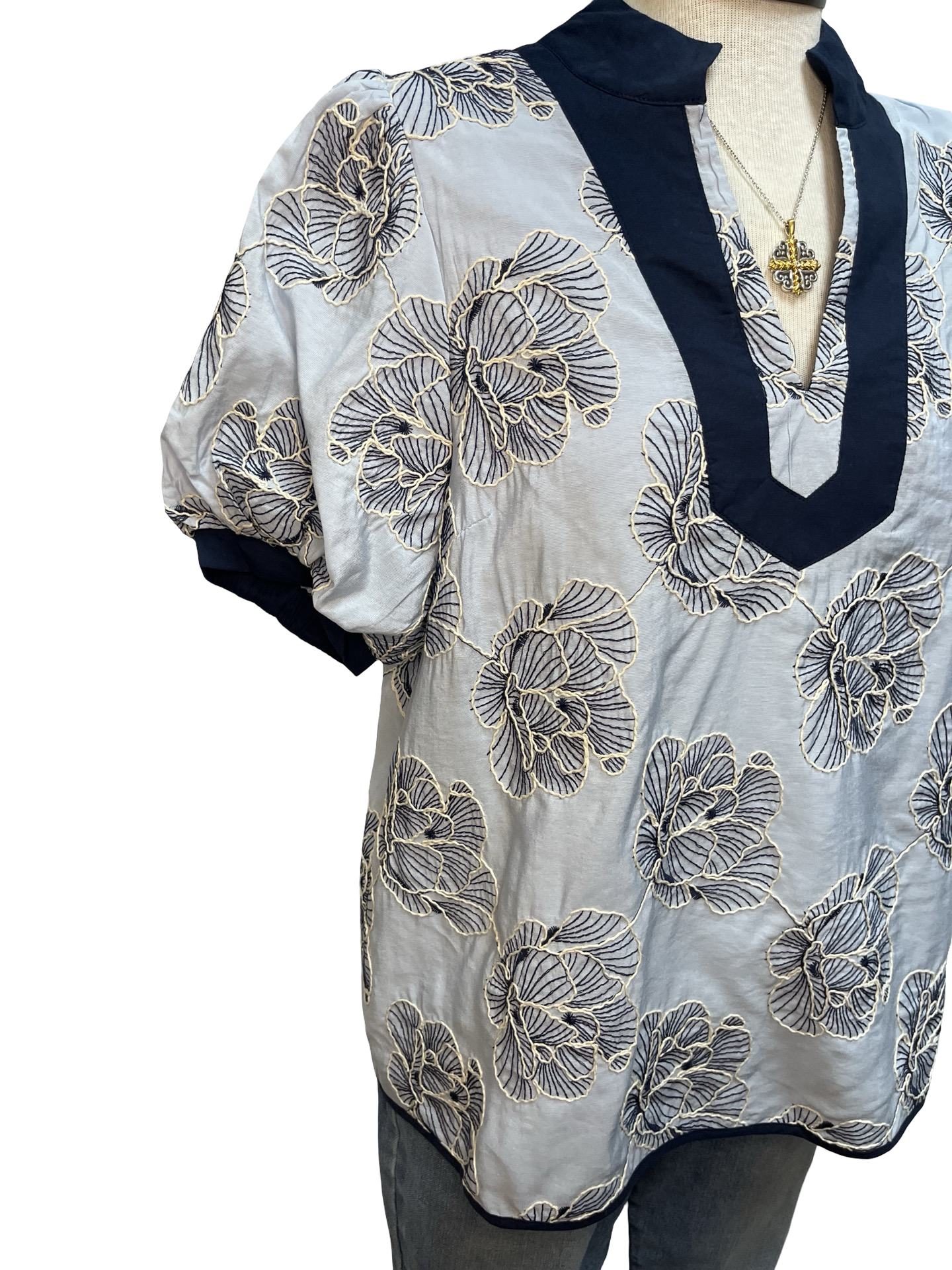 Embroidered V Neck Top Blue