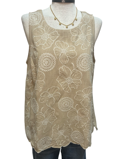 Floral Embroidered Sleeveless Top Tan