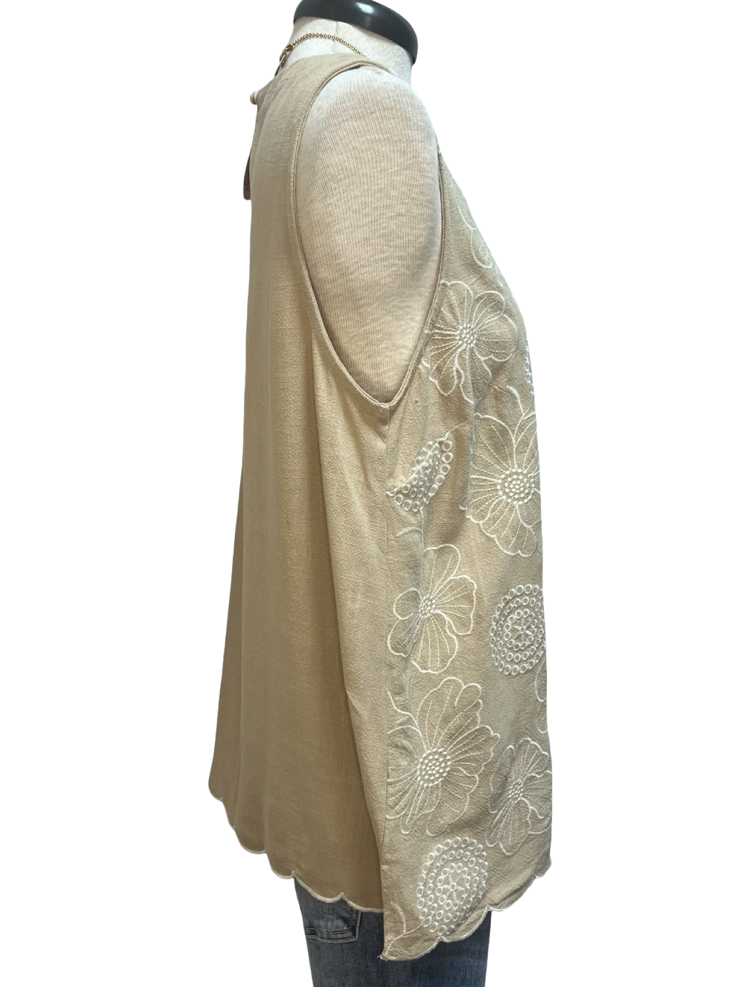 Floral Embroidered Sleeveless Top Tan